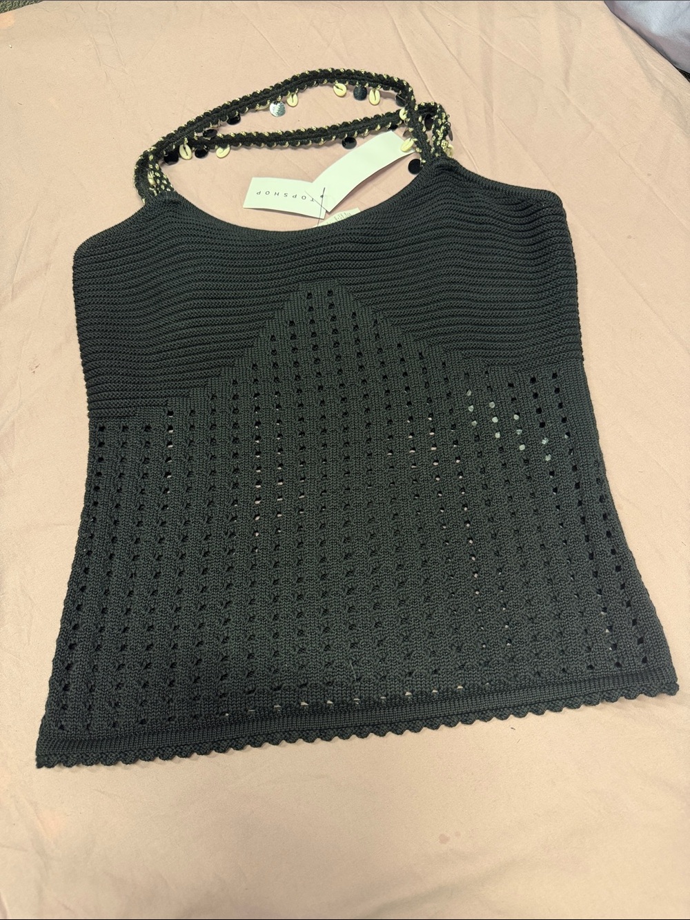 Crocheted Black Sweater Tank  with Shells on Straps